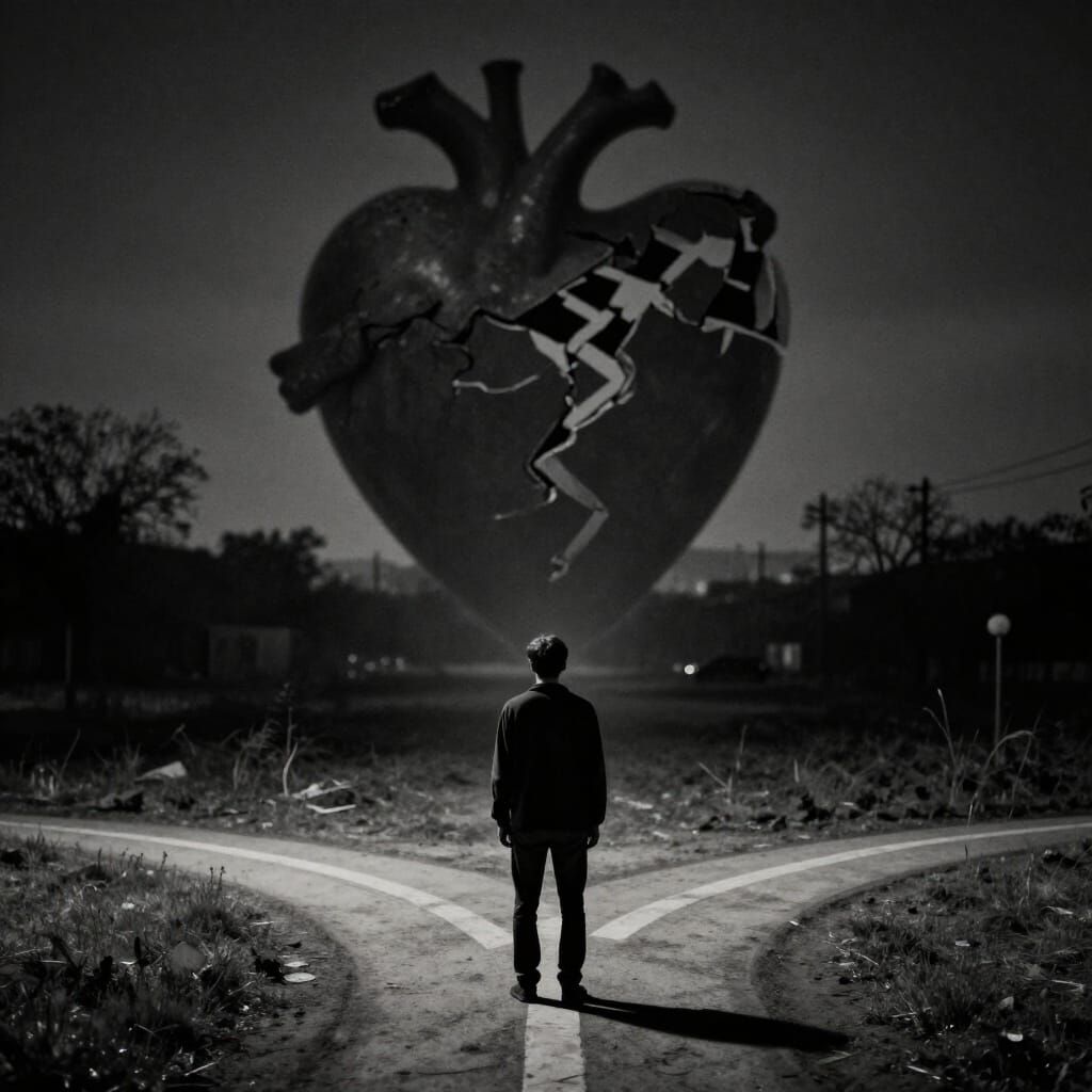 Man at Crossroads with Broken Heart Sculpture Shadow