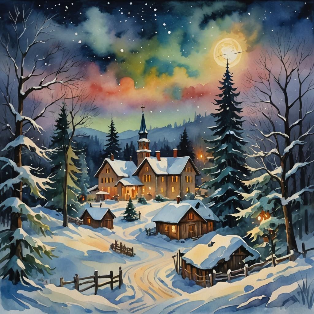 Silent Night in Gouache Style, an Impressionist Masterpiece