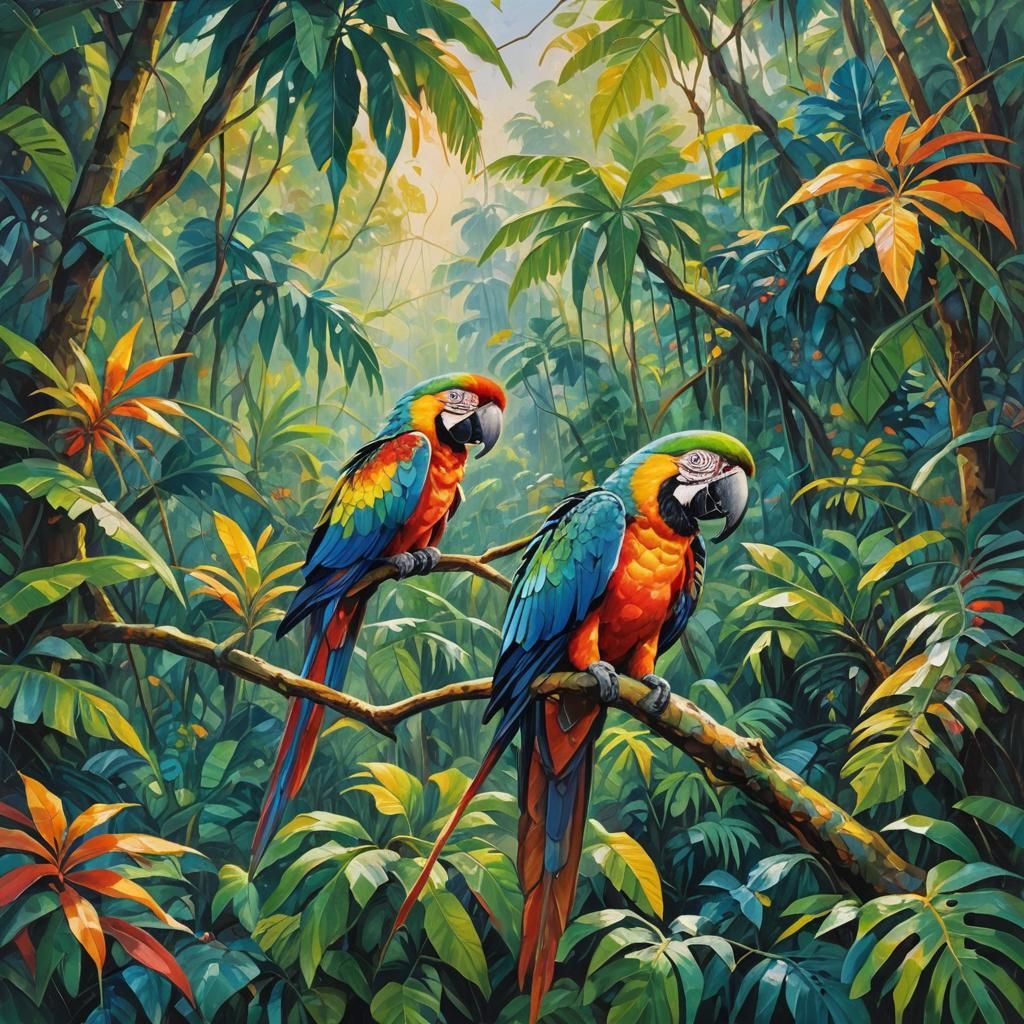 Macaw in Rainforest: Fauvist Oil Painting