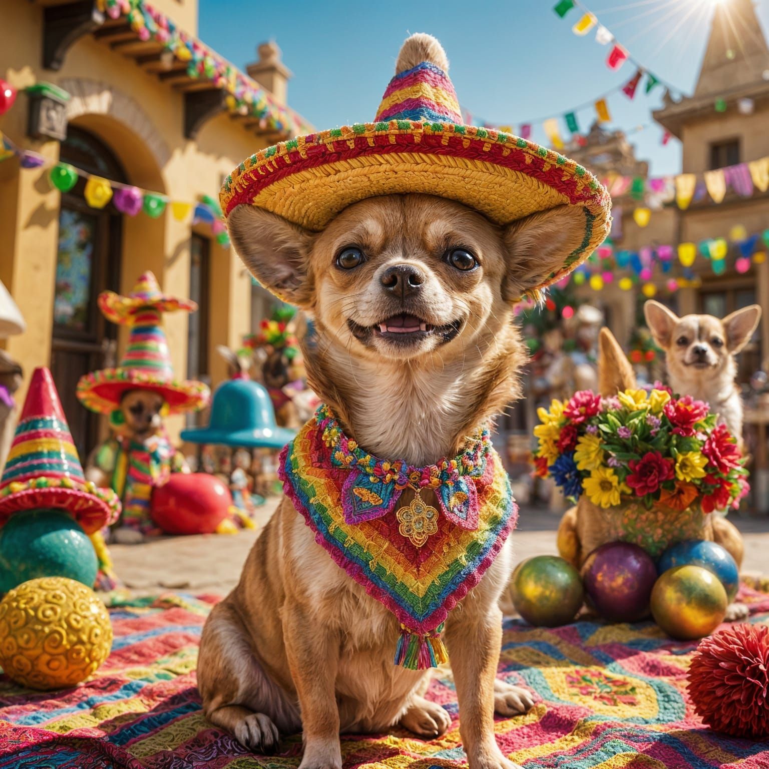 Chihuahua in Sombrero, Mexican Plaza, 8k Photograph
