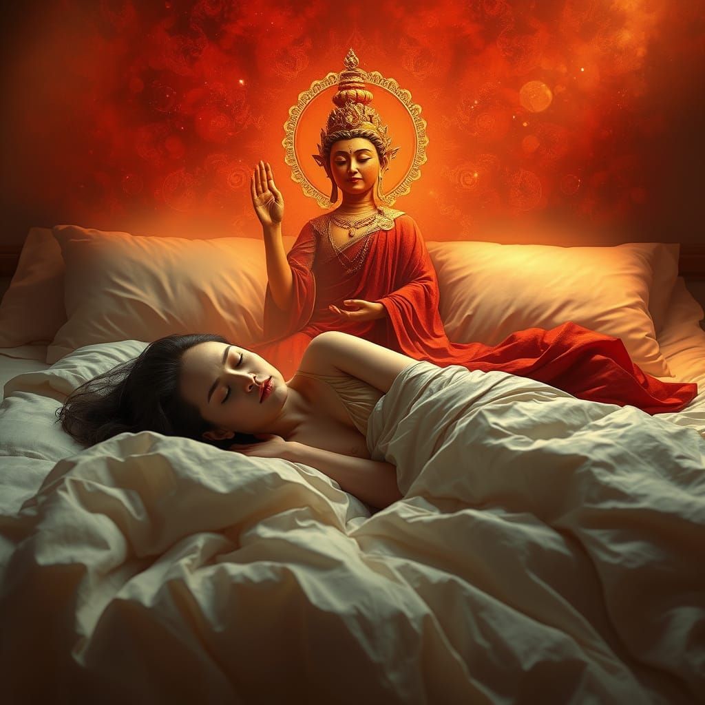 Ethereal Goddess Watches Over a Sleeping Woman in a Warm, Go...