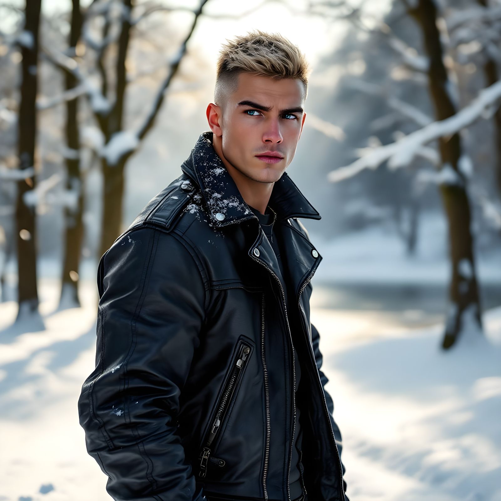 Chiseled Athlete Walks through Winter Wonderland in Cyberpun...