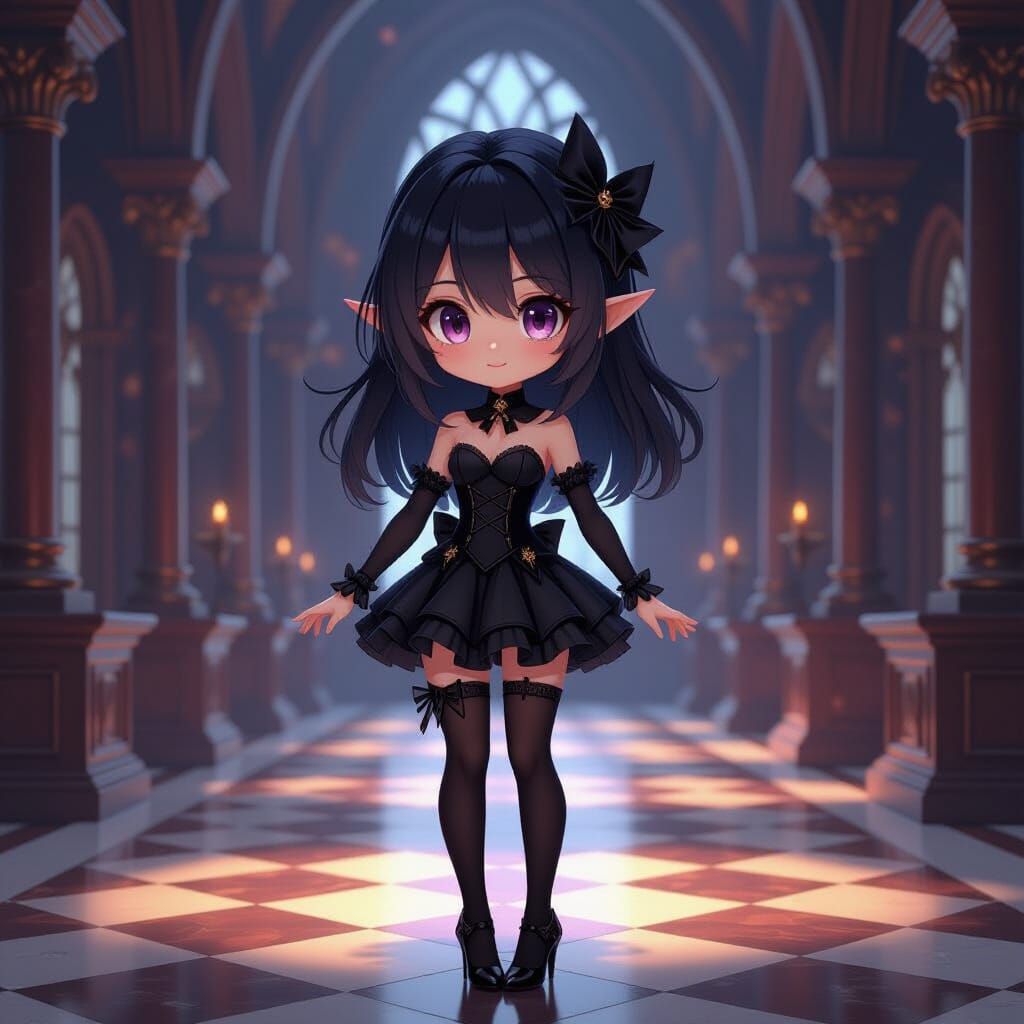 Chibi Drow Girl in Victorian Gothic Style