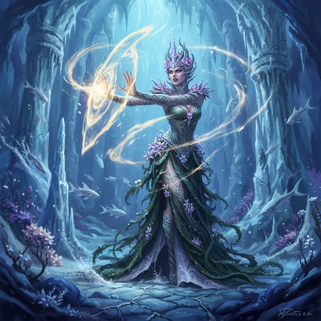 Water Nymph Bravely Battles Frost in Frozen Depths