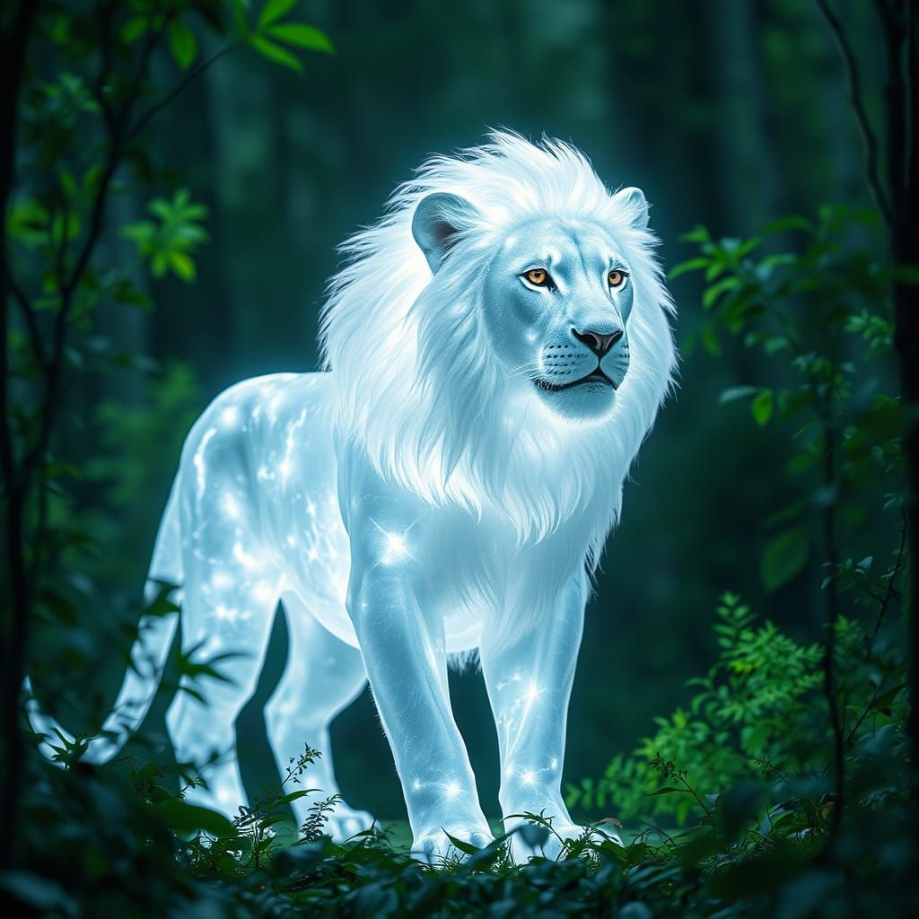 Ethereal White Lion of Light in Vibrant Forest