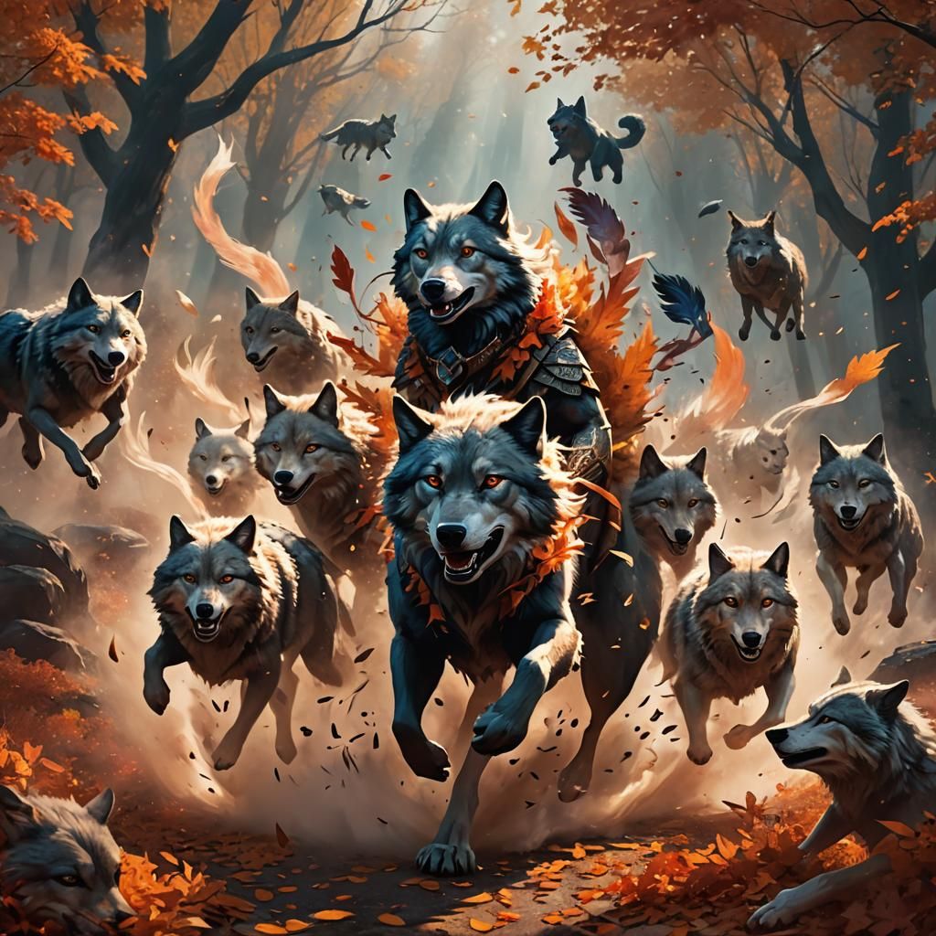 Autumn Djinn Surrounded by Wolves: Fantasy Art