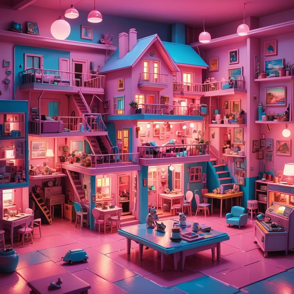 Synthwave Dollhouse: Miniature Mice in Neon Retro Dream