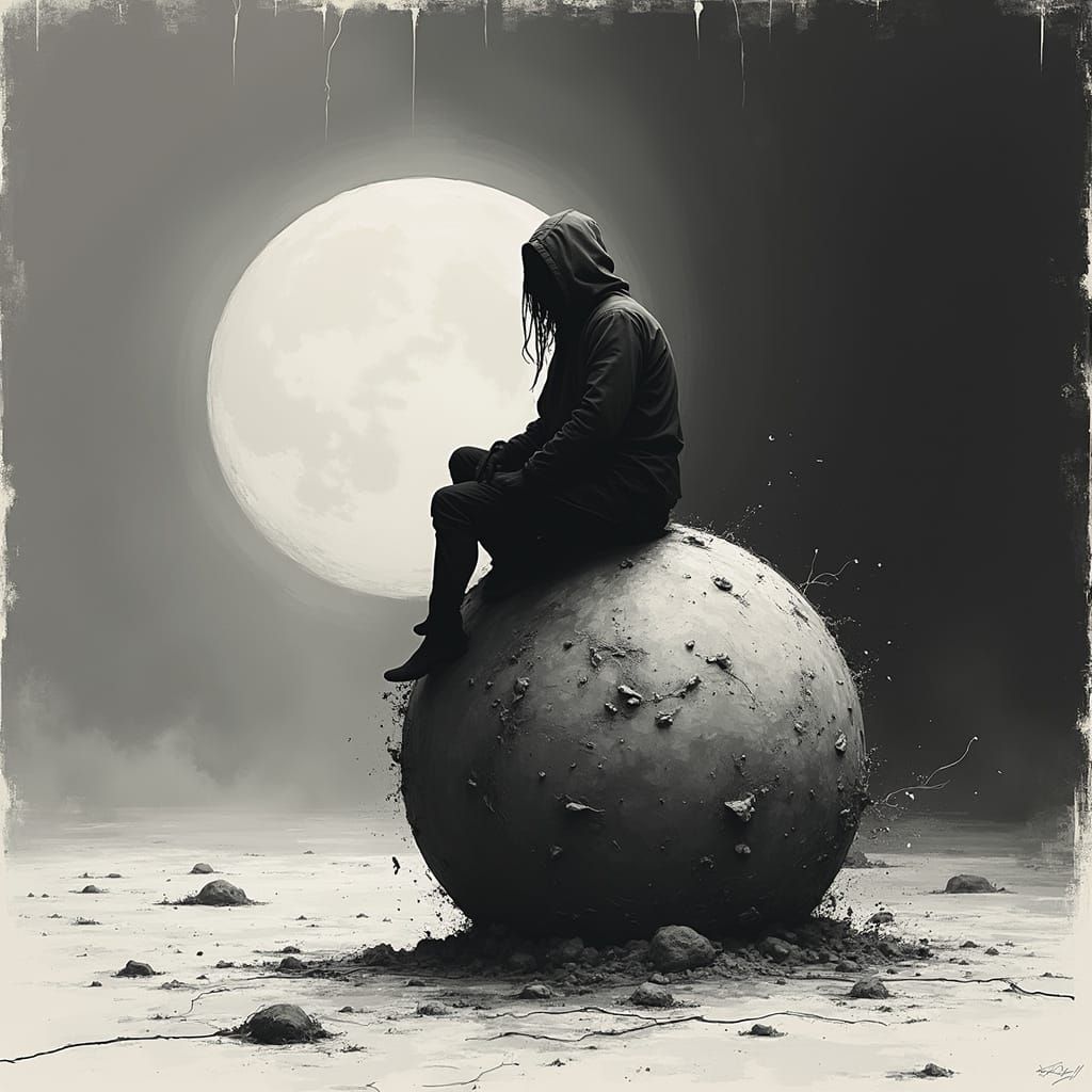 Figure on Tiny Planet in Film Noir Style