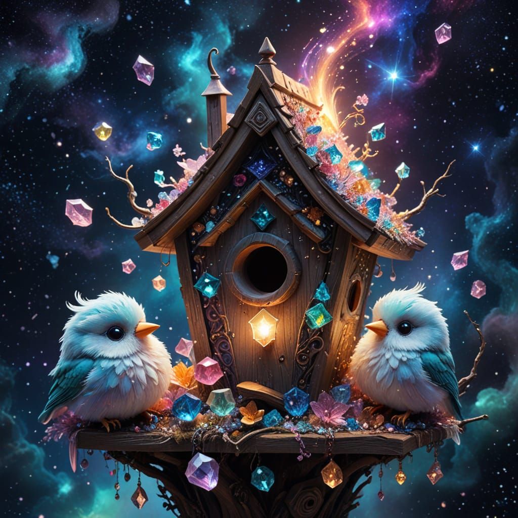 Cosmic Birdhouse in Space: A Fantasy Art Creation