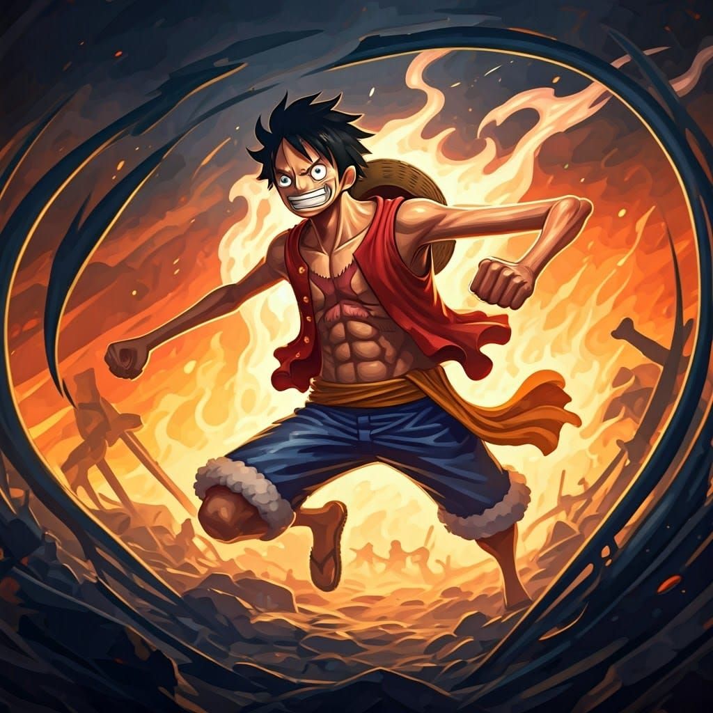 Monkey D. Luffy, clad in his iconic straw hat and vibrant re...