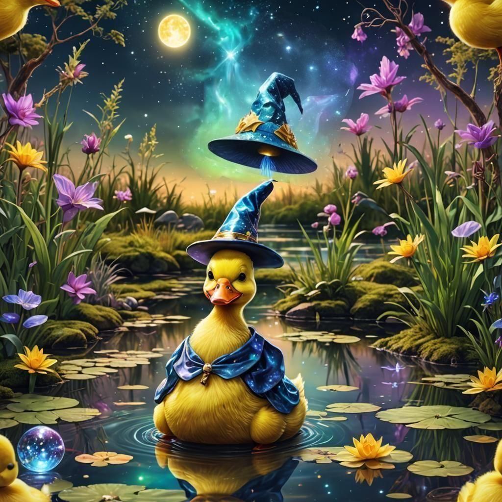 Duck in Wizard Hat: Holographic Astral Illustration