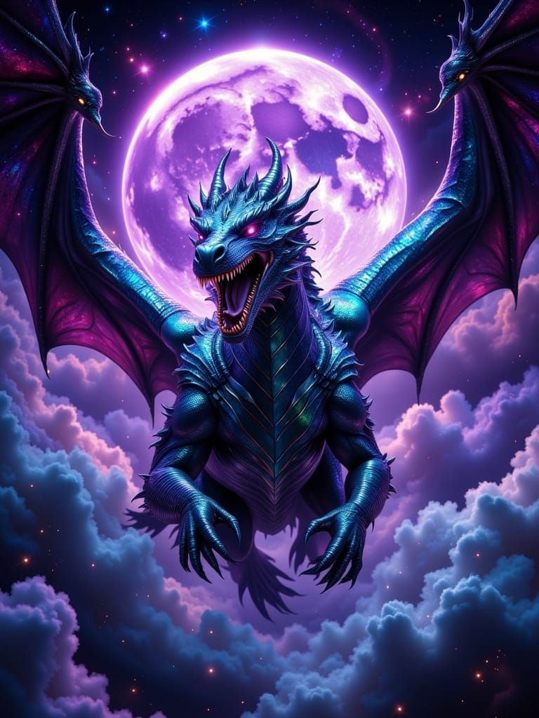 Dragon Rider Soaring in Front of a Mystical Moon