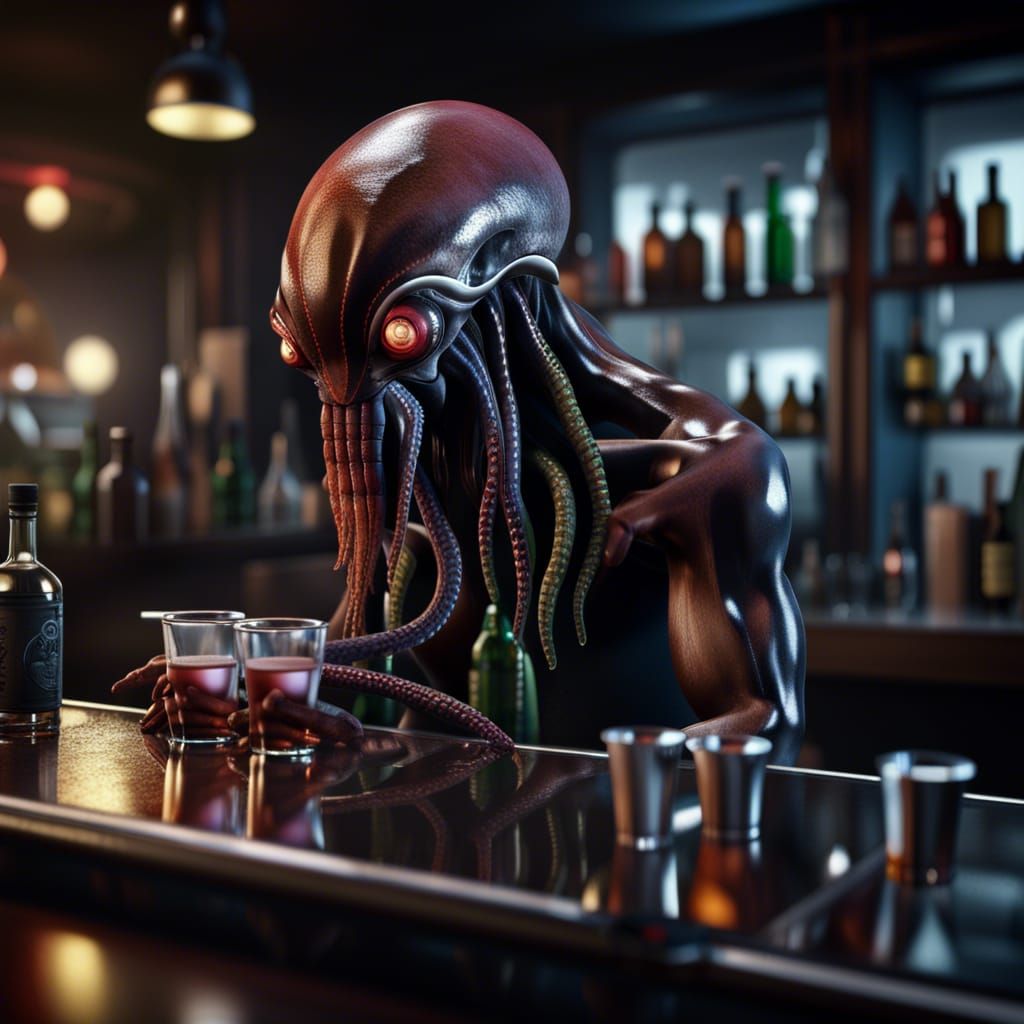 Cyborg Bartender Serves Alien in Gritty Realism