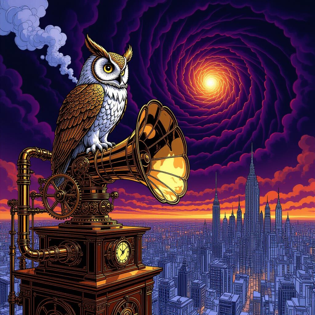 Clockwork Owl Over Mirror City in Moebius Giger Style