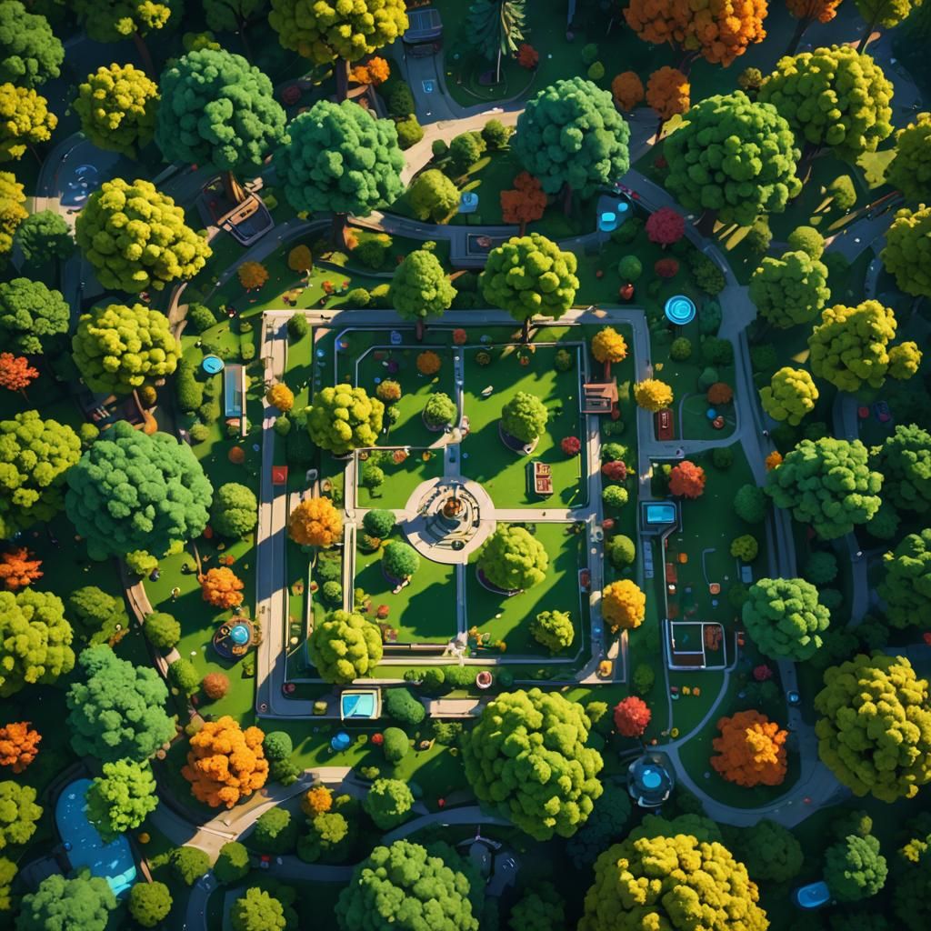 Overhead View of a Cartoon Park in Matte Painting Style