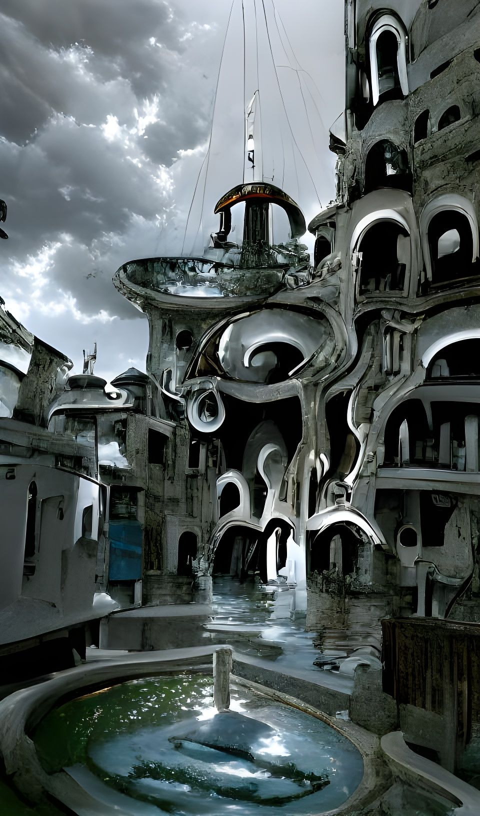 Surreal Silver City Courtyard in Cel-Shaded Style