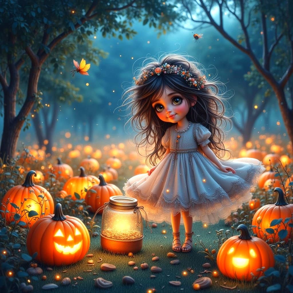 Whimsical Girl Collecting Starlight in Pumpkin Patch