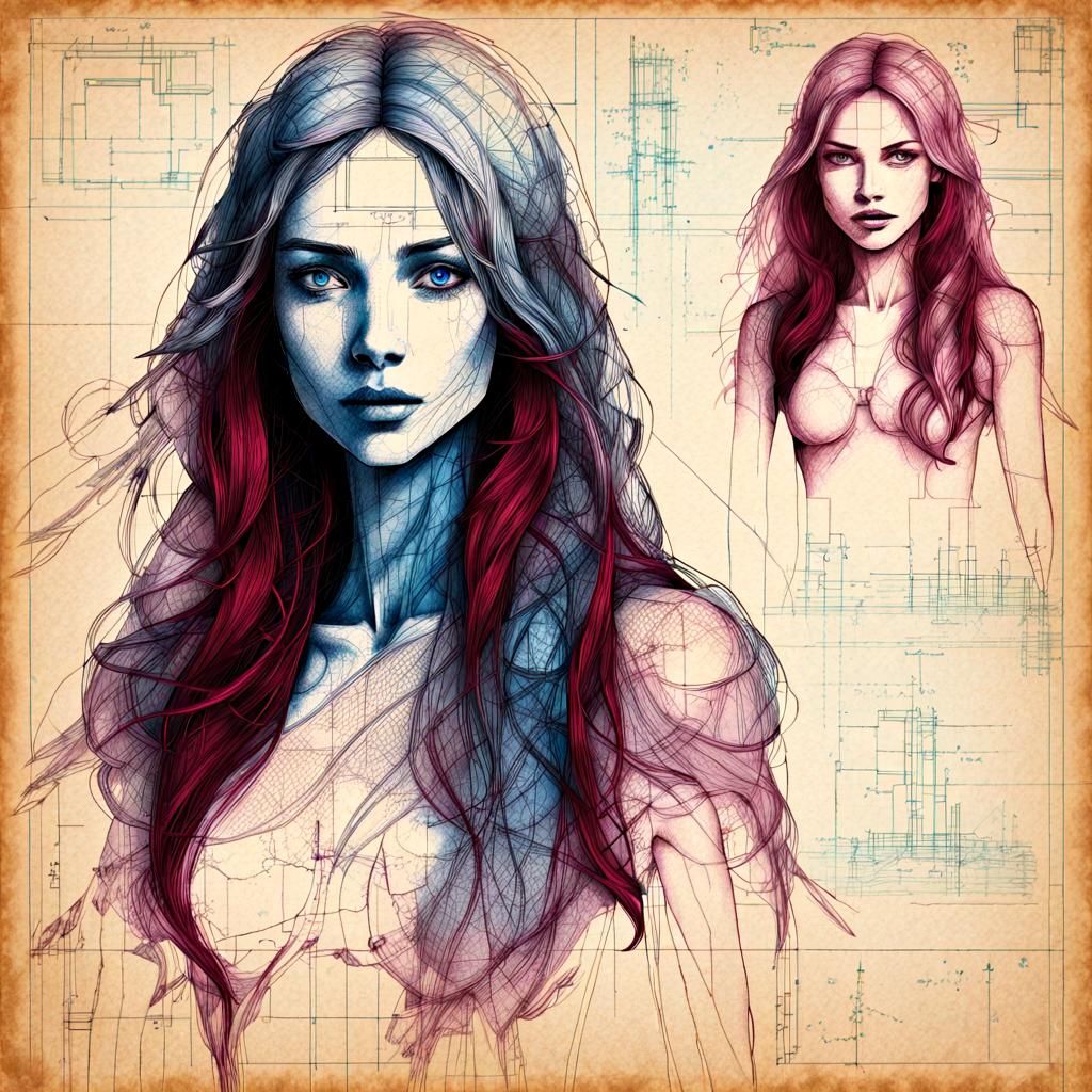Blueprint Sketch of a Stunning Woman in Grunge Style