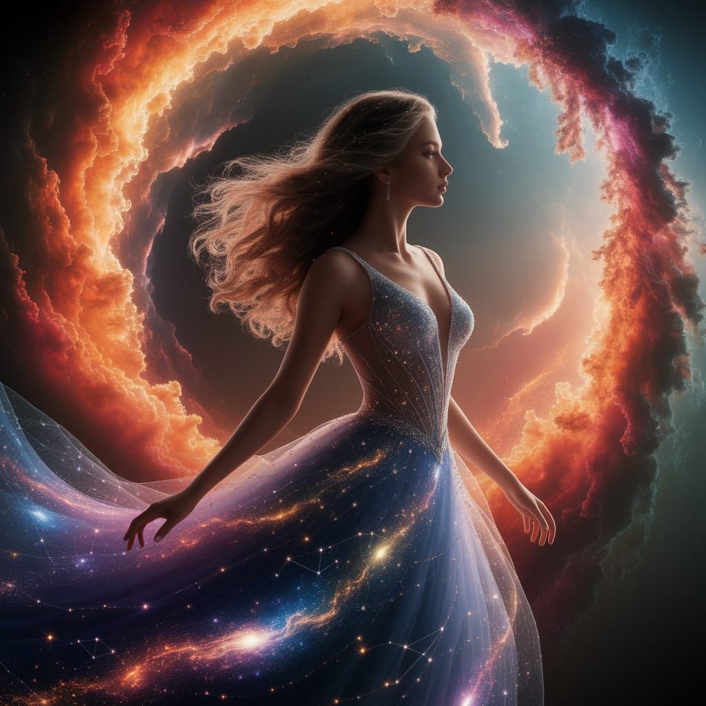 Celestial Woman Emerges from Nebula in Cosmic Surrealism