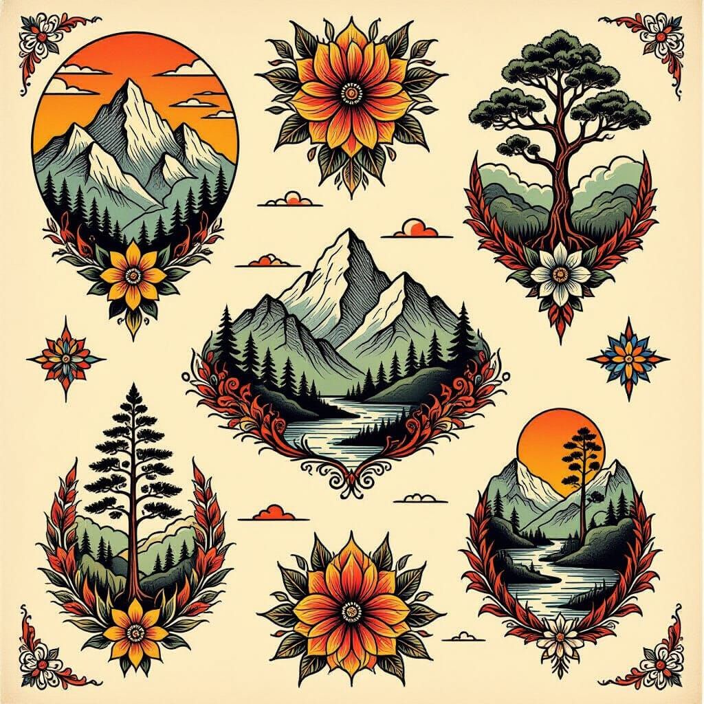 Vintage Tattoo Sheet with Nature Designs in Bold Linework