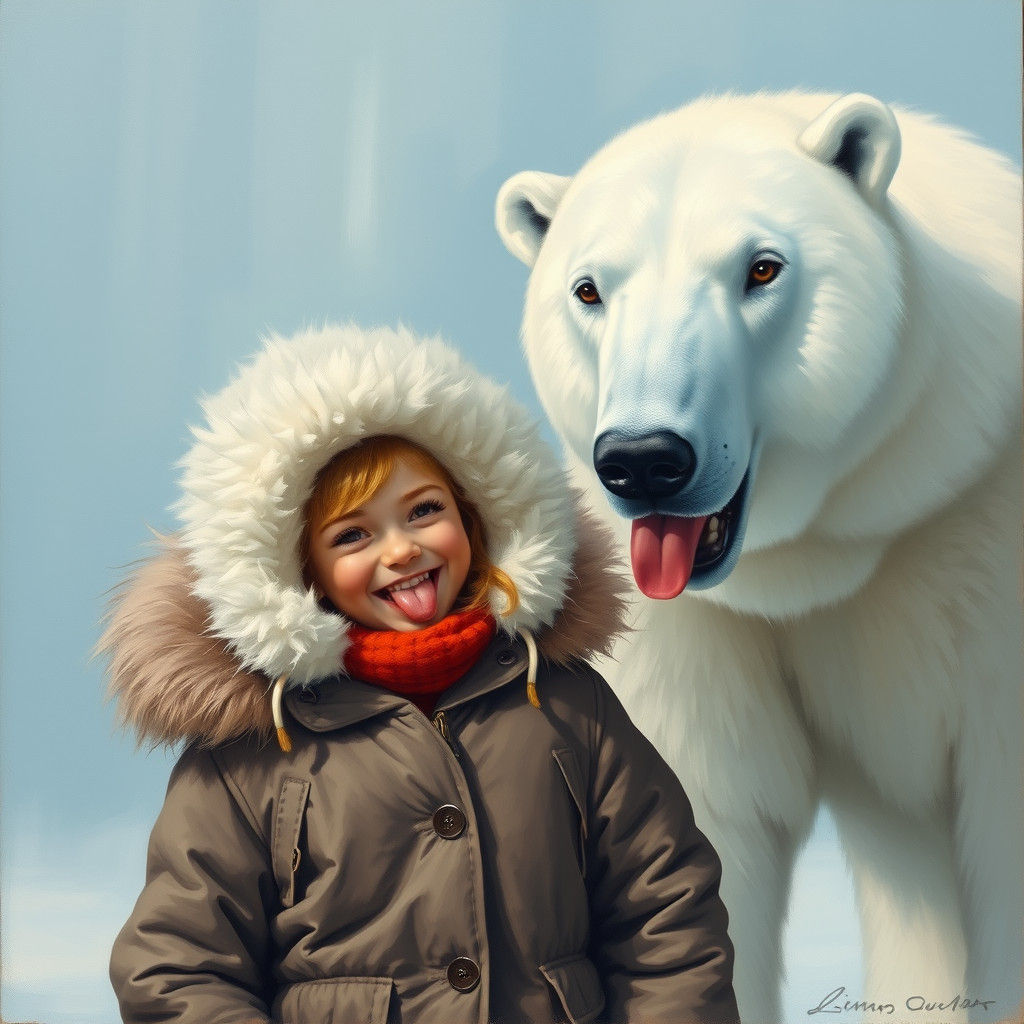 Playful Russian Girl and Polar Bear in Winter