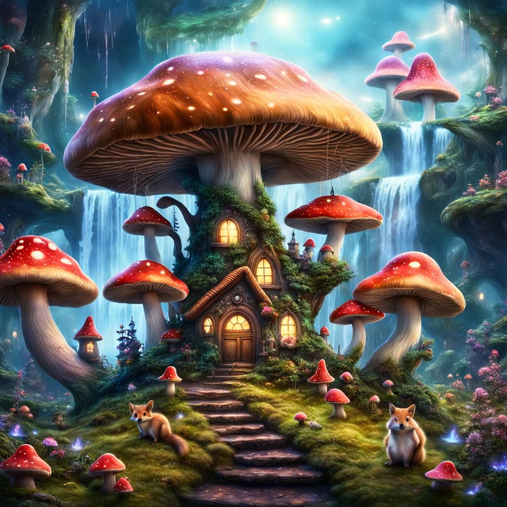 Enchanted Mushroom Forest with Galaxy and Waterfalls