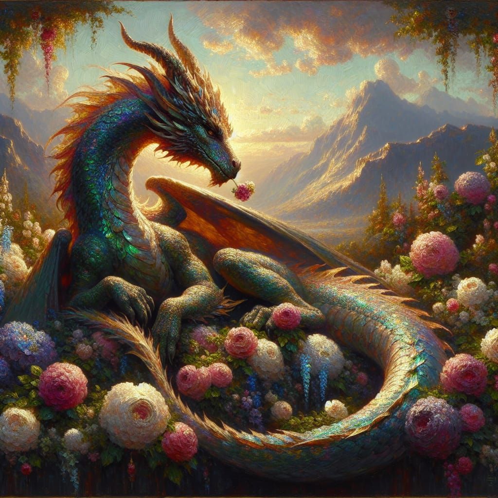 Regal Iridescent Dragon in a Romantic Realist Landscape