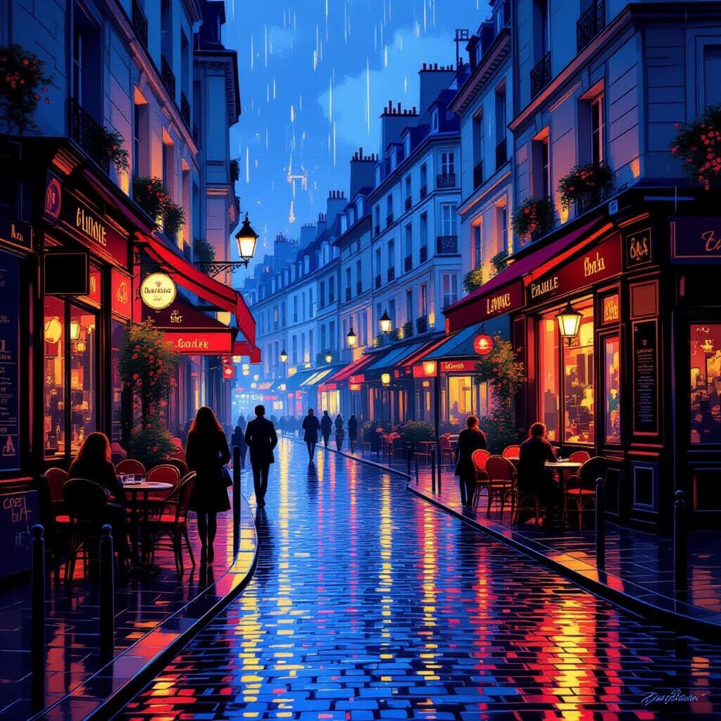 Paris Street After Rain With Neon Cafe Lights
