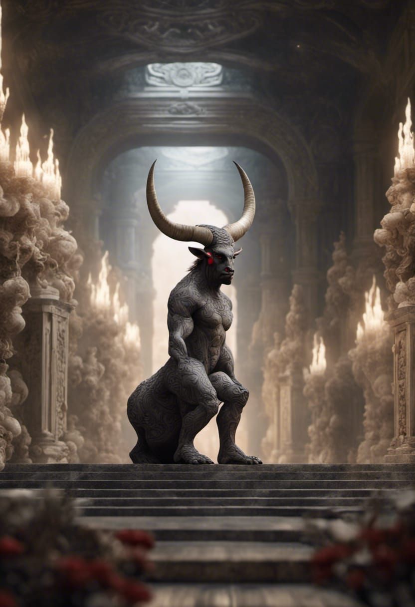 Hyperdetailed Minotaur in Ornate Marble Maze