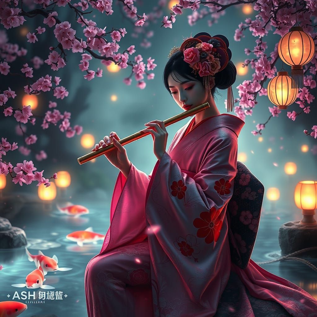 Cybernetic Geisha with Holographic Cherry Blossoms