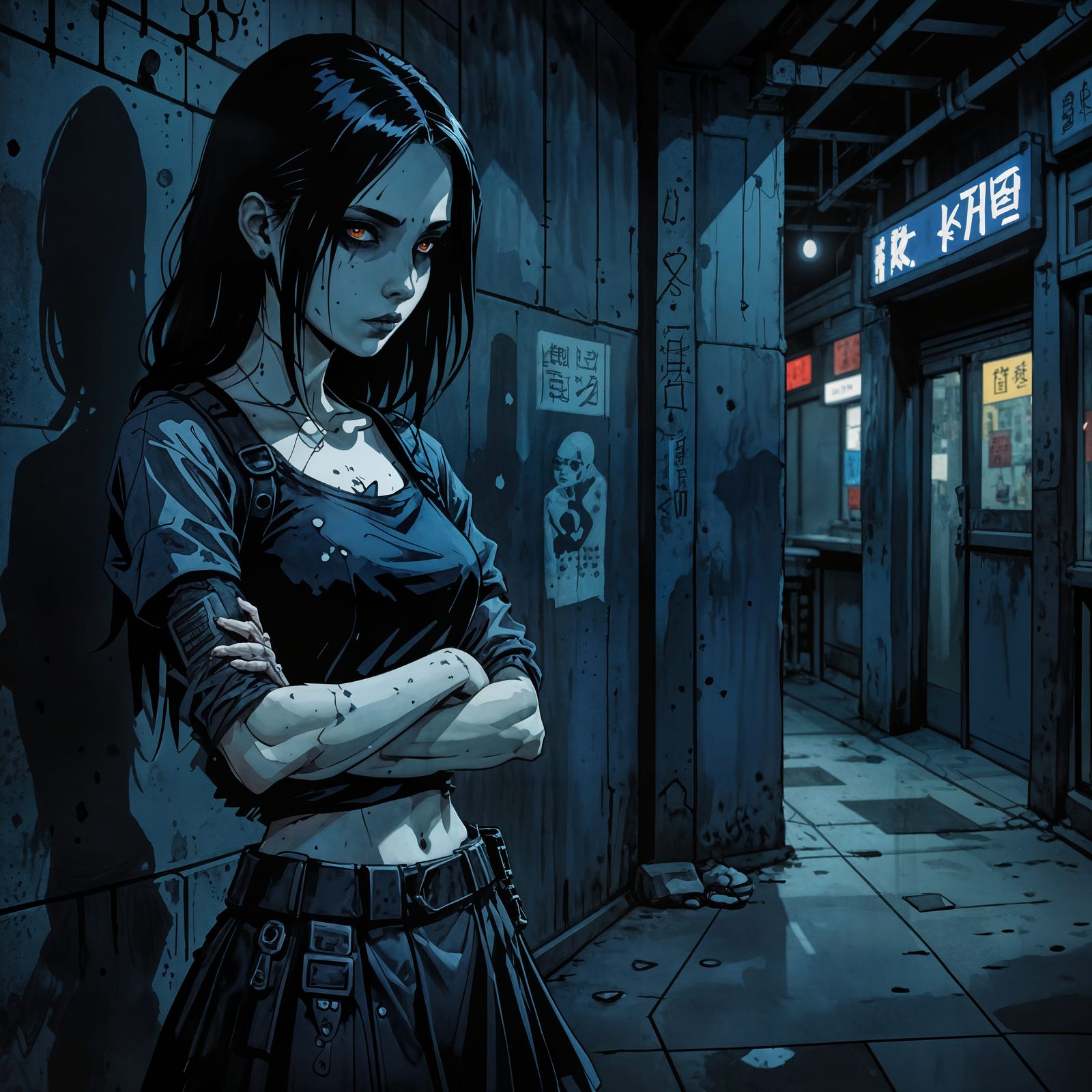 Goth Girl in Post-Apocalyptic Mall, Watercolor Illustration