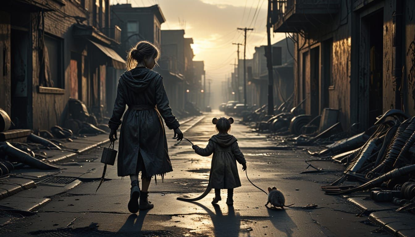 Post-Apocalyptic Girl with Rat: Cinematic Still