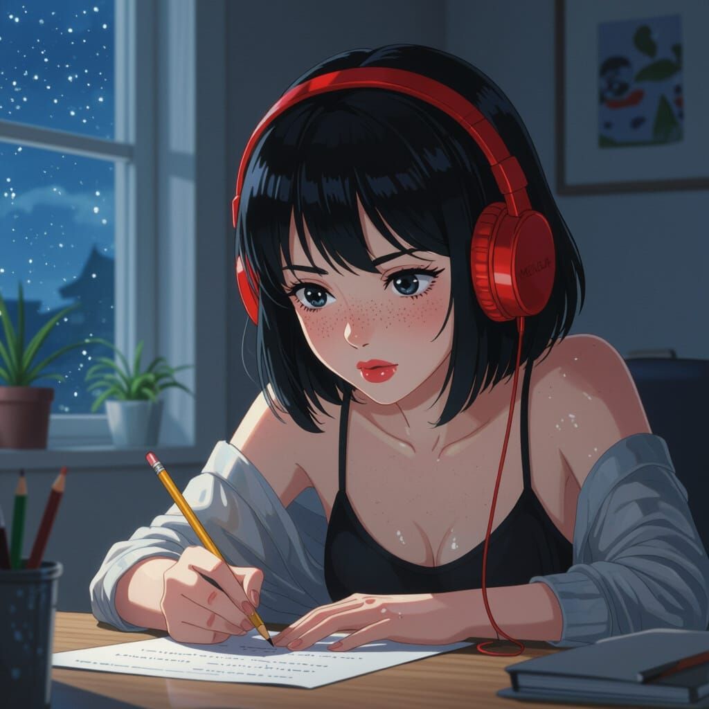 Anime Woman with Headphones, Freckles, and Bob Haircut