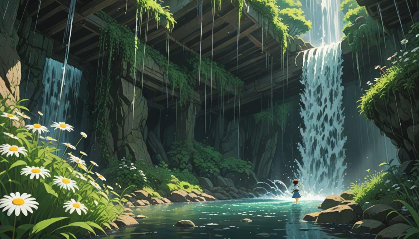 Daisy Growing Through Waterfall: Studio Ghibli Style