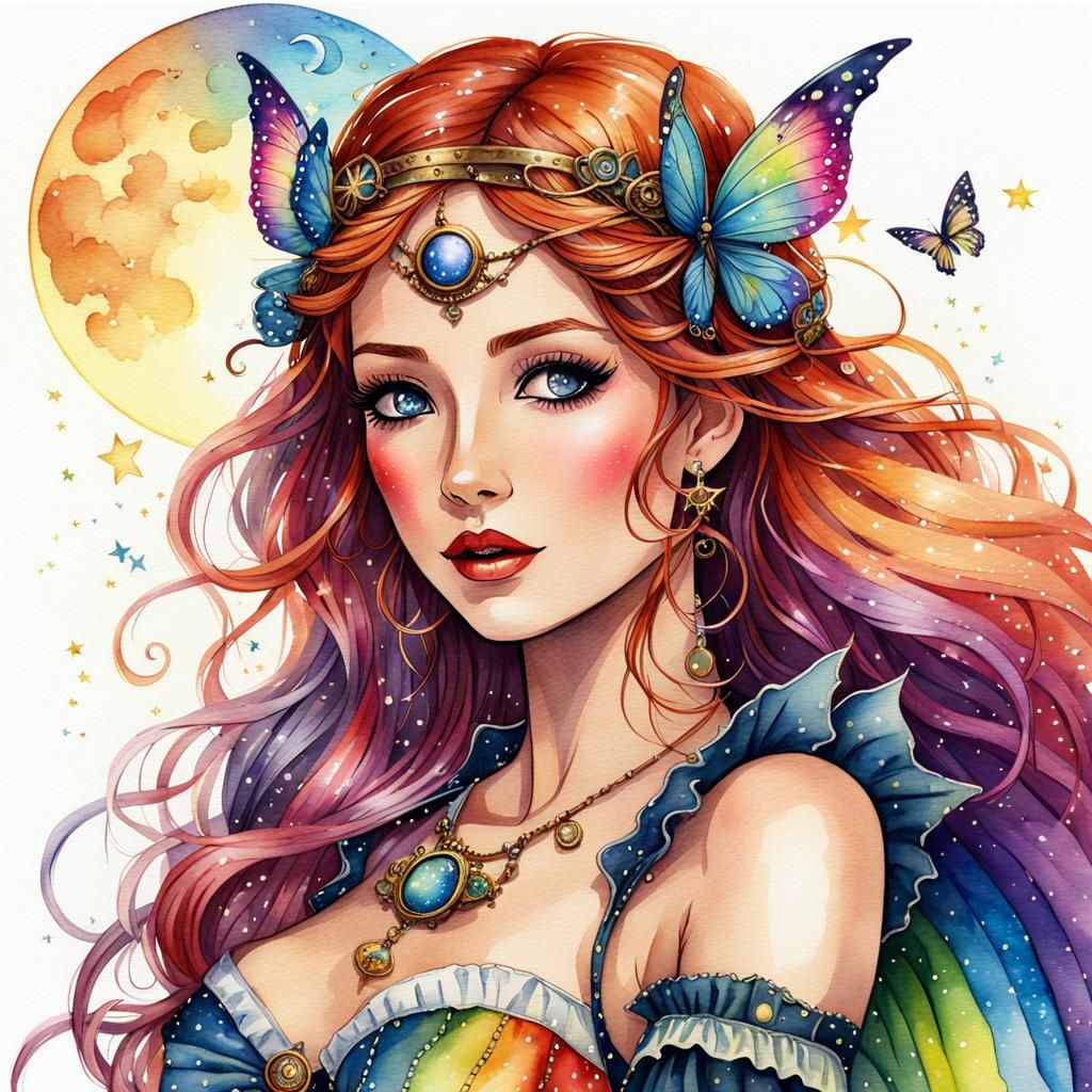 Watercolor Fae: Steampunk Fairy in Rainbow Dress