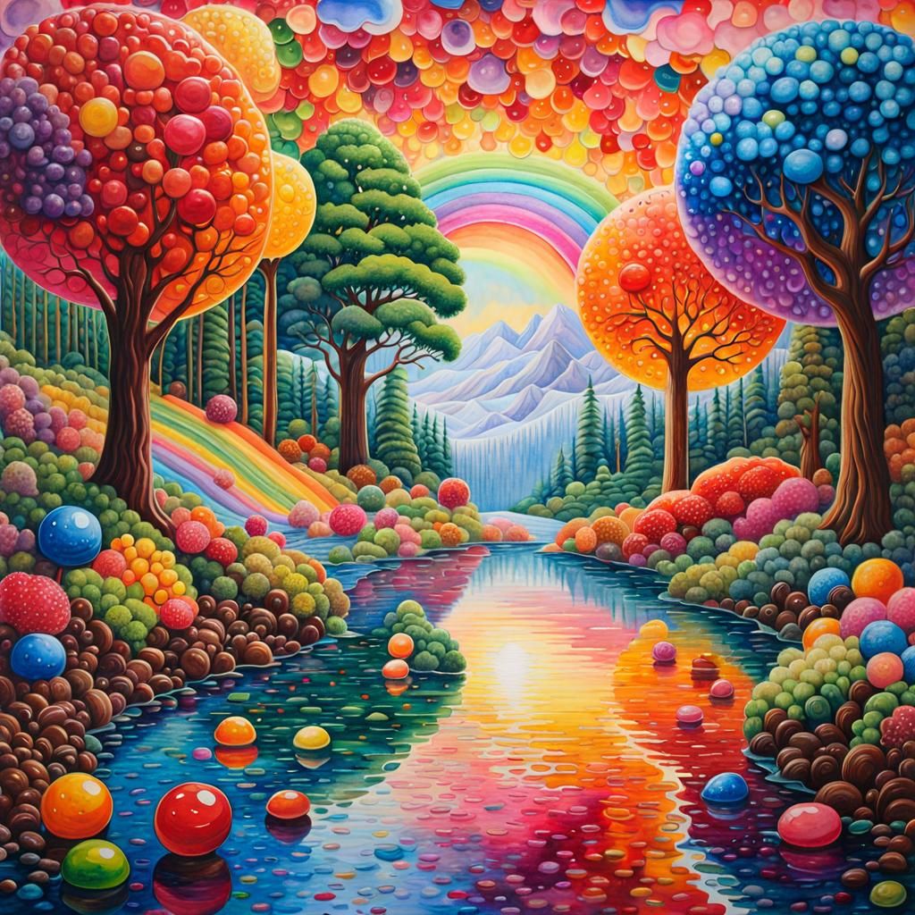 Candy Landscape with Rainbow River in Watercolor Style