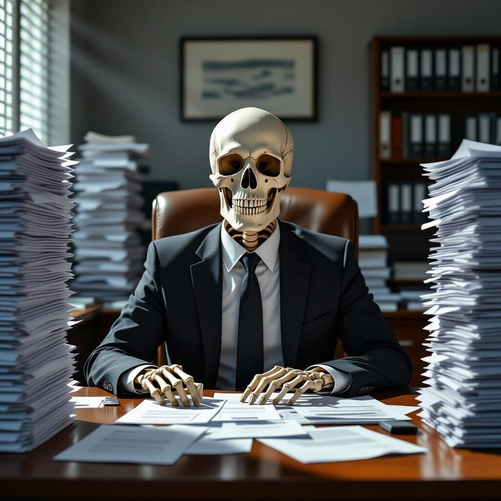 Tired Skeleton Overwhelmed by Office Paperwork in Chiaroscur...