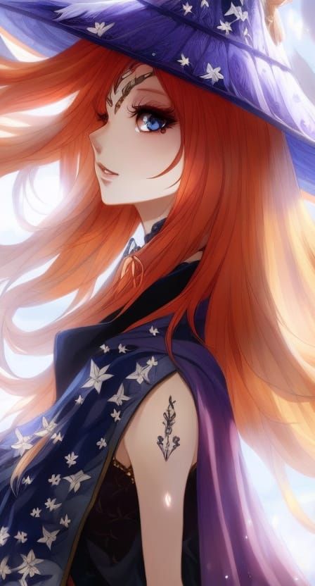 Fox Witch in Starlit Meadow: Anime Digital Art