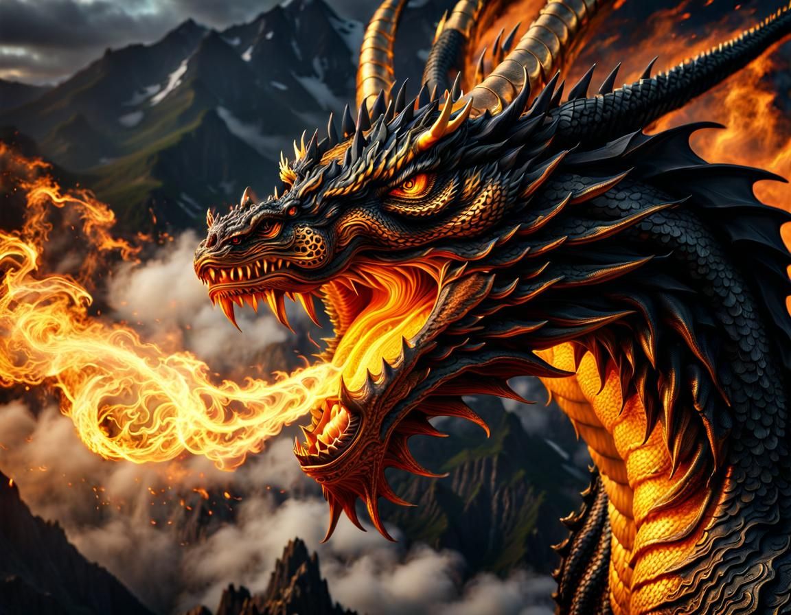 Ominous Fire Dragon with Blazing Flames
