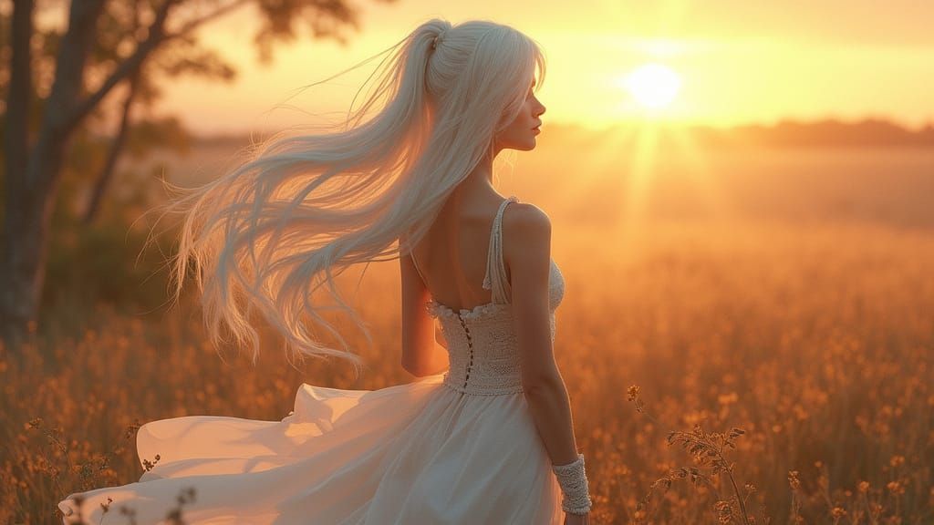 Serene Sunrise Portrait of Elegant Woman in Whimsical Style