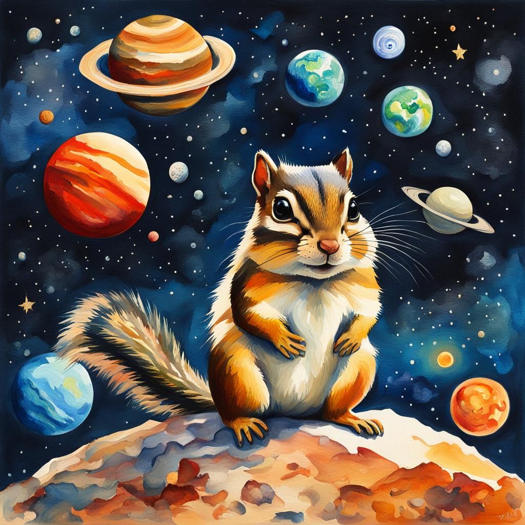 Chipmunk Among Planets in Gouache Style