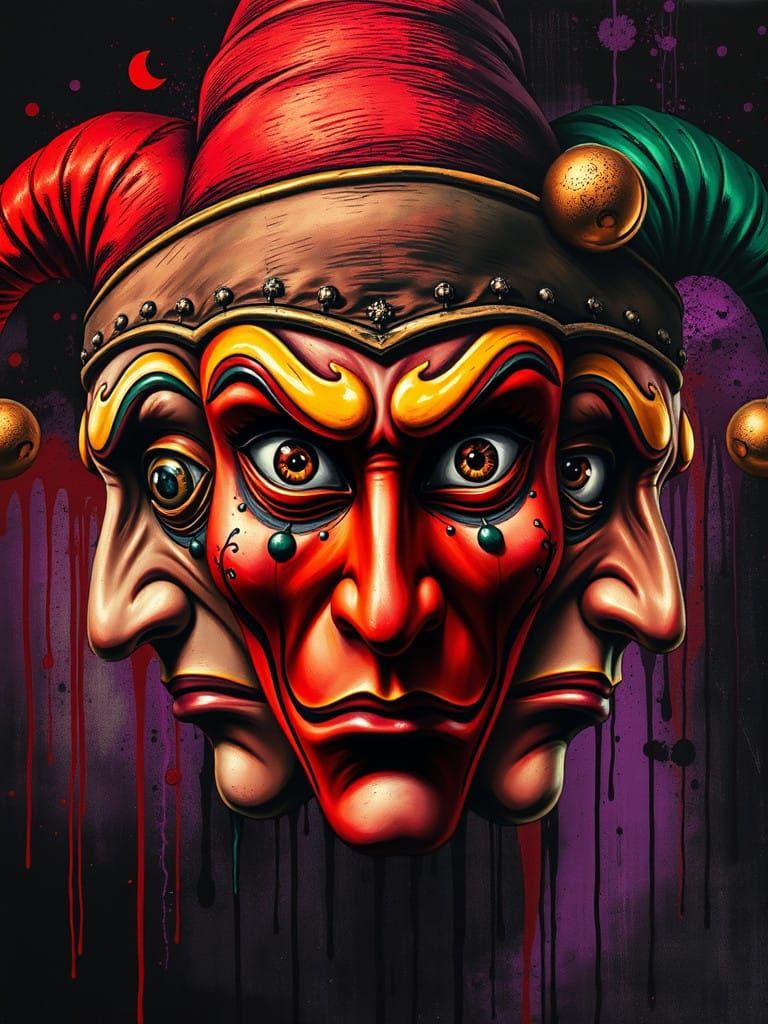 Three faces of a Jester::: glaring sarcasm, resolve and mock...