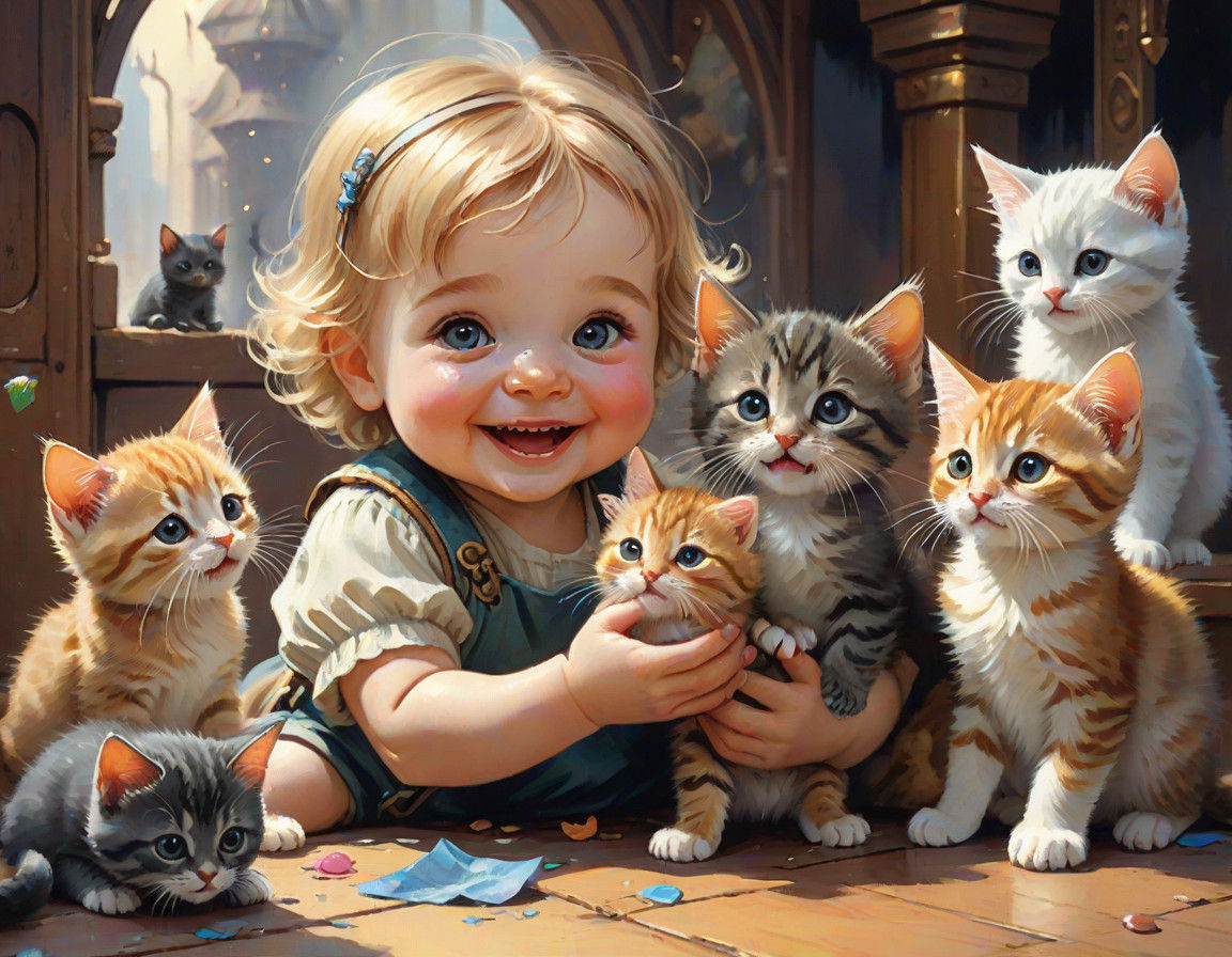 Whimsical Dark Fantasy Baby Plays with Kitten Friends in Wat...