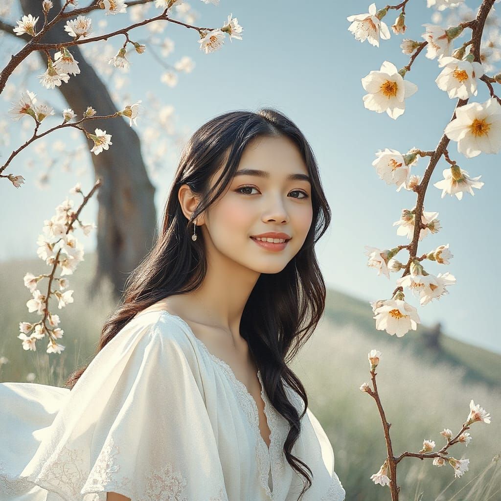 Serene Woman in Floral Landscape, Surreal Art Style