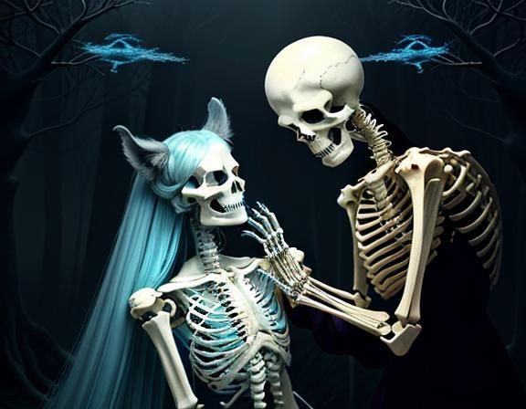 Surrealist Skeleton Heals Animal in Mystical Forest