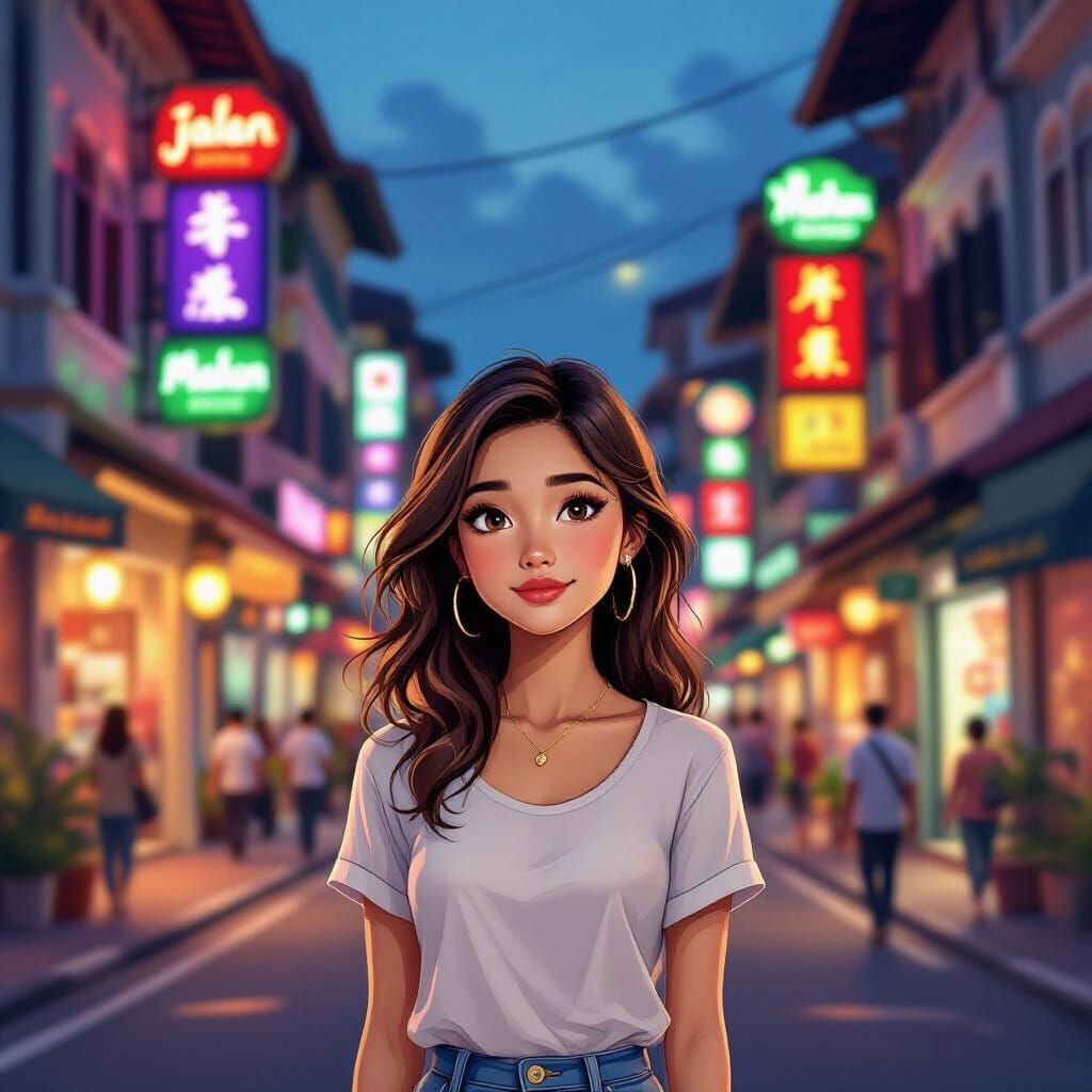 Woman Ponders Malay Words in Vibrant Malaysian City