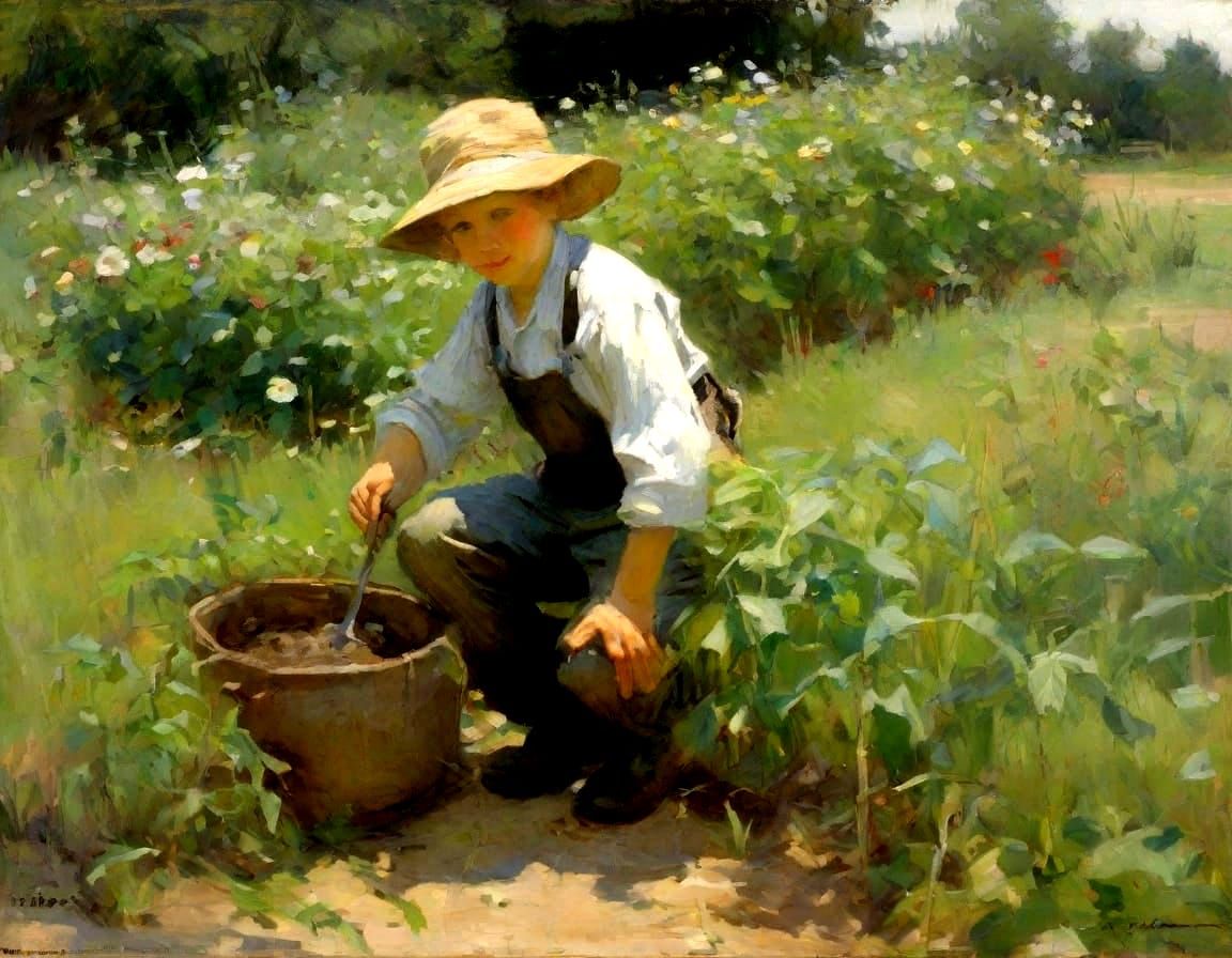 Child Gardener Painting in Impressionist Style