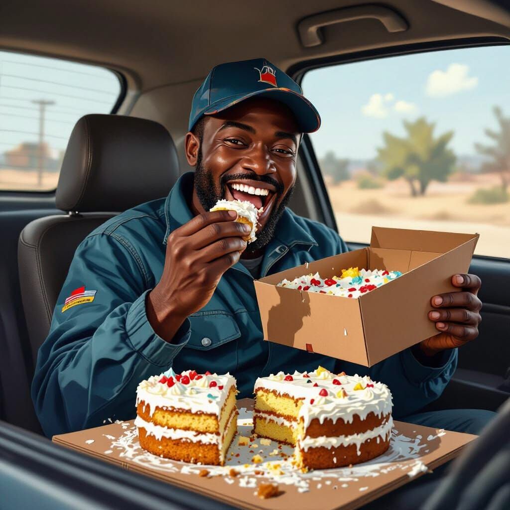 Delivery Driver's Cake Break: Realistic Digital Painting