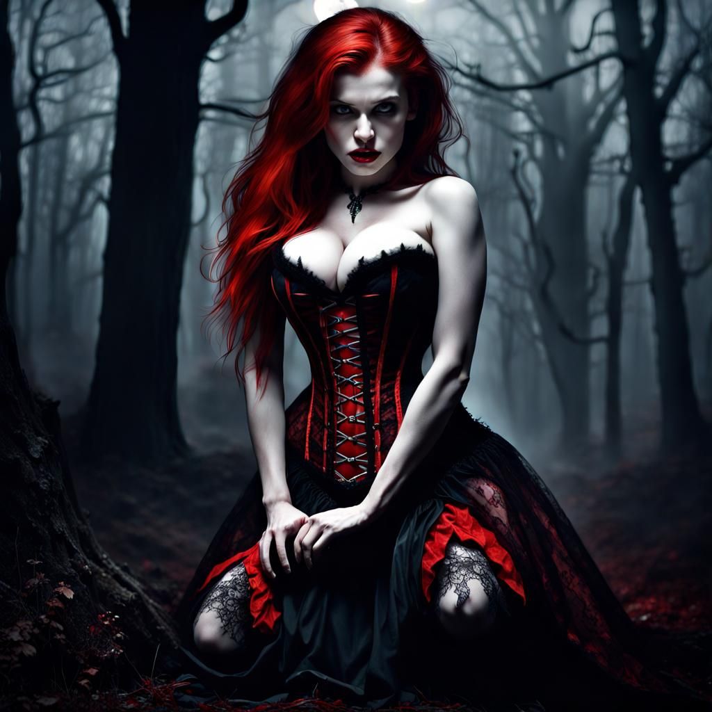 forward facing Beautiful redhead vampire on her knees, fangs,  revealing black and red lace corset, kneeling in a dark d...
