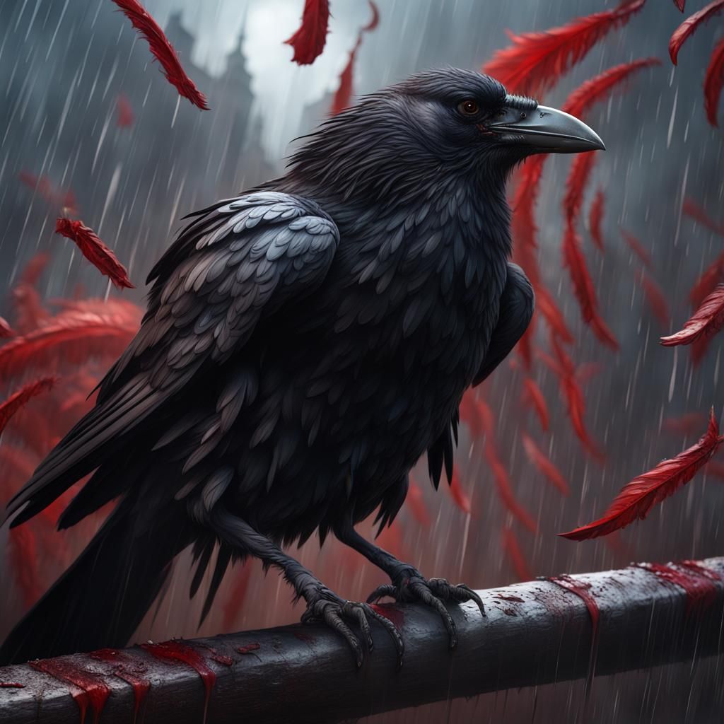 Bloody Crow with Crest in Rain: Detailed Matte Painting